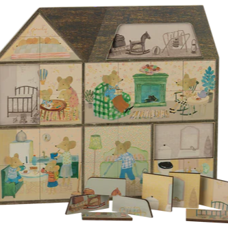 Vintage wooden house-shaped puzzle with illustrated scenes on each piece.